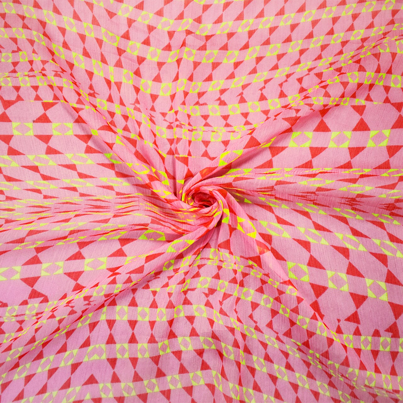 Pink-Green Poly Abstract Printed Crinkle Yoryu Chiffon Woven Fabric By the Yard